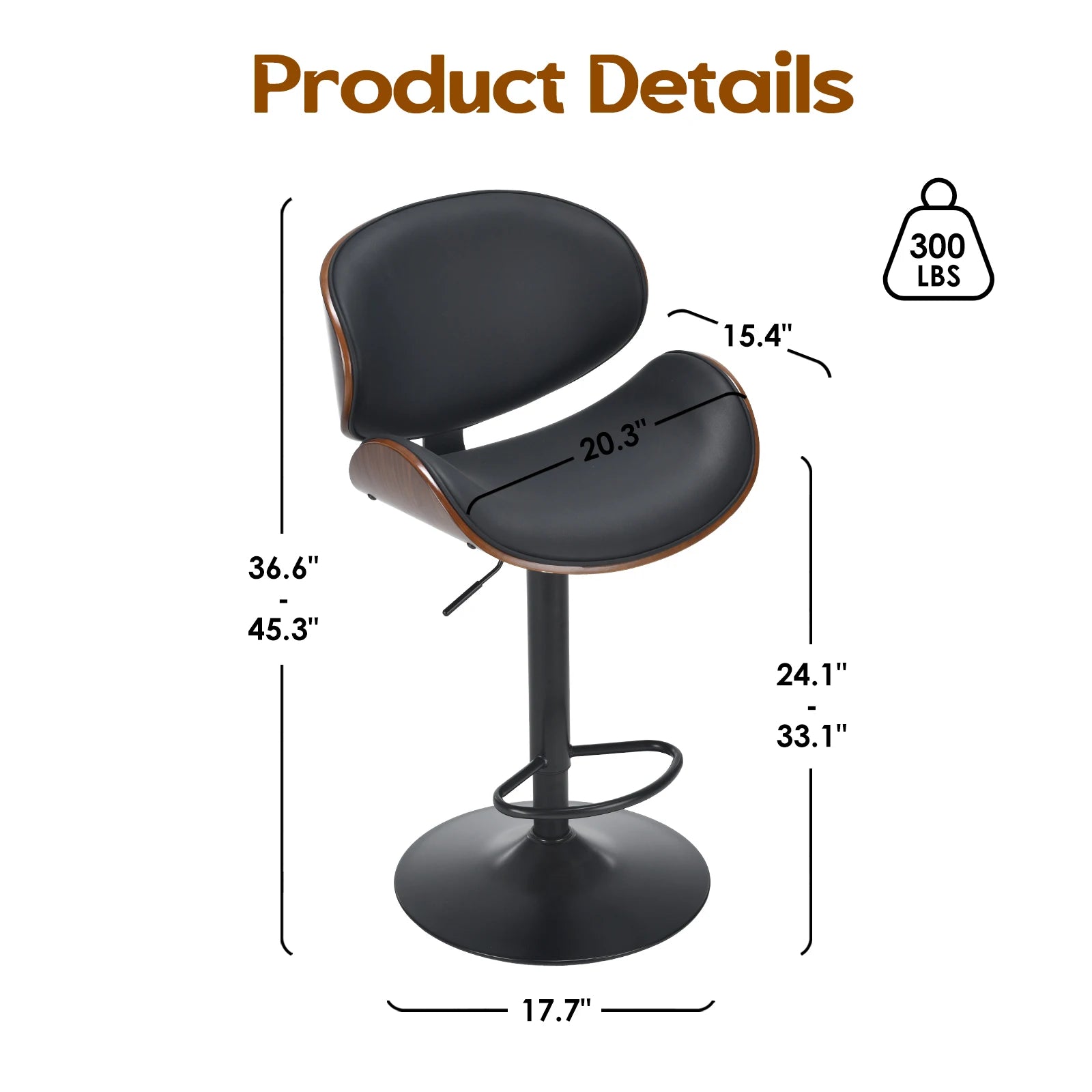Set of 2 Swivel Bar Stools, Adjustable Height Bentwood Barstools with Backrest & Footrest, Modern Kitchen Counter Chair for Home Bar, Island