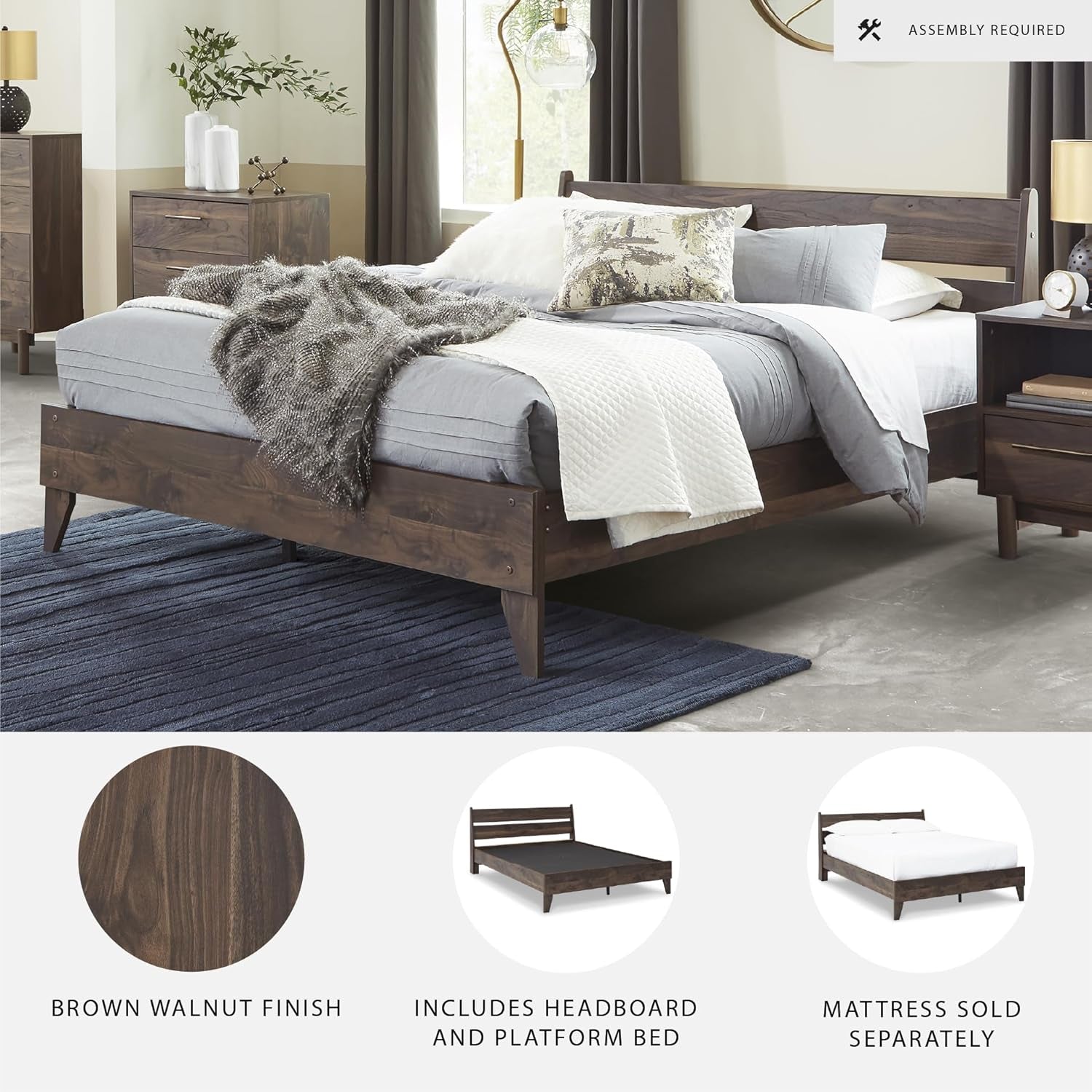 Signature Design by Ashley Calverson Queen Size Bed Frame with Headboard | Mocha Brown Engineered Wood, No Box Spring Needed, 600 Lb Capacity, 7-Inch Under-Bed Space