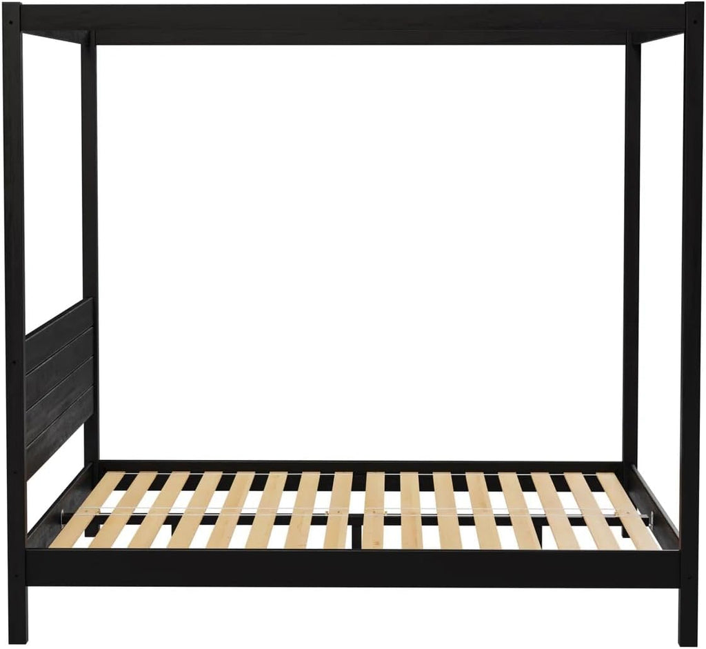 Solid Pine Canopy Bed Frame, King — Matte Black Painted Finish | No Box Spring Needed • Fsc-Certified Pine • Supports up to 560 Lbs • Slatted Headboard, No Box Spring Needed