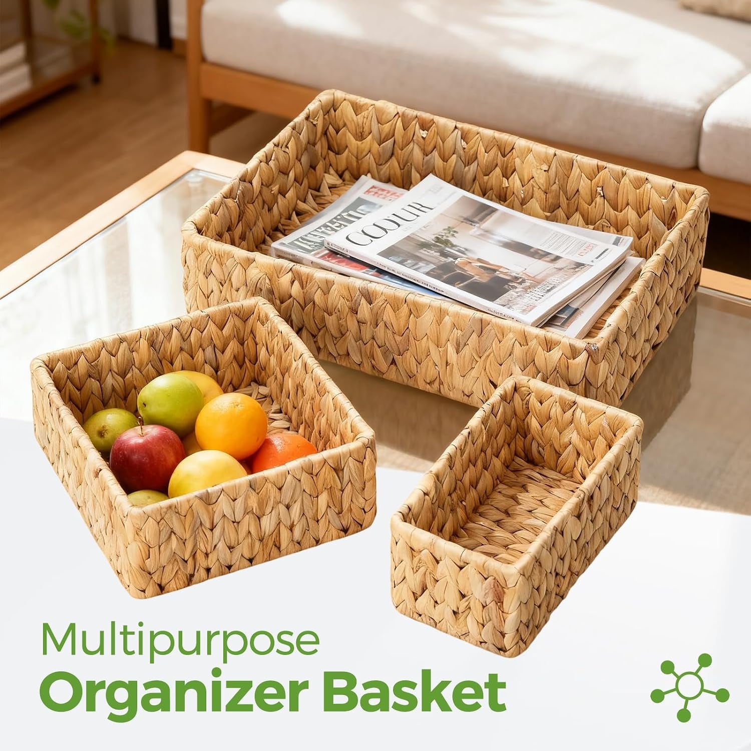 Wicker Storage Baskets Set of 3, Large and Small Wicker Pantry Baskets Set | Handwoven Water Hyacinth Baskets for Organizing, Decorative Natural Woven Baskets 3Pack for Toilet Shelves, Boho Decor