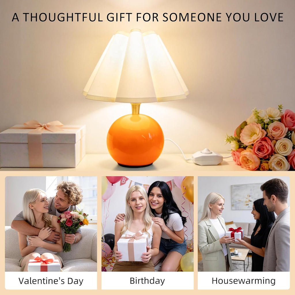Small Bedside Table Lamp, 11.8'' Ceramic Stepless Dimmable Lamp (Orange) | with Scalloped Fabric Shade for Nightstand & Living Room. Perfect for Quiet Nights to Create a Cozy, Relaxing Atmosphere