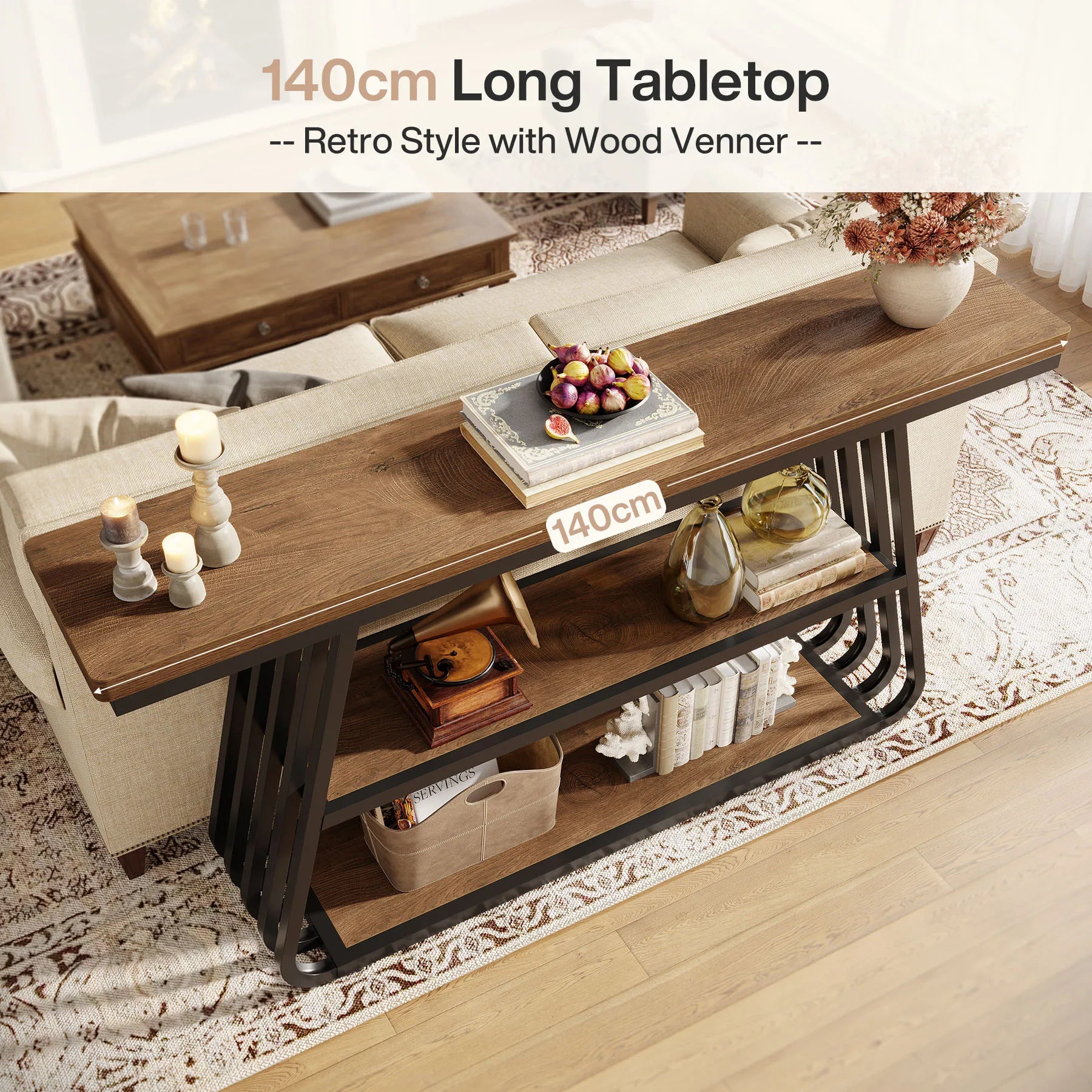 55" Entryway Table with Shelves, 3-Tier Console Table Sofa Table with Iron Frame, Wooden Entry Table for Living Room, Foyer, Hallway, Industrial Style