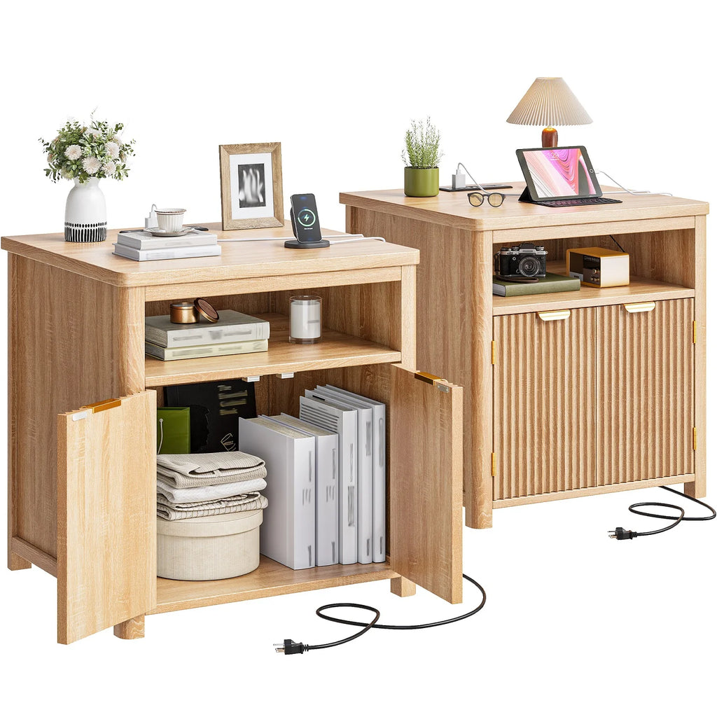 Modern Farmhouse Nightstands, Walnut/Oak Wood Bedside Table with Charging Station & Storage