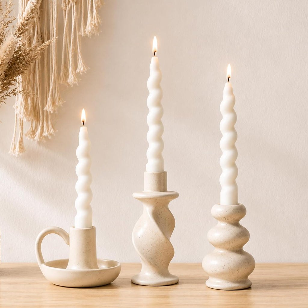 Ceramic Taper Candle Holders, Nordic Candlestick Holder Set of 3 | Cream White Modern Decorative Candle Stand for Home Decor, Dining Table Centerpiece, Housewarming Gift