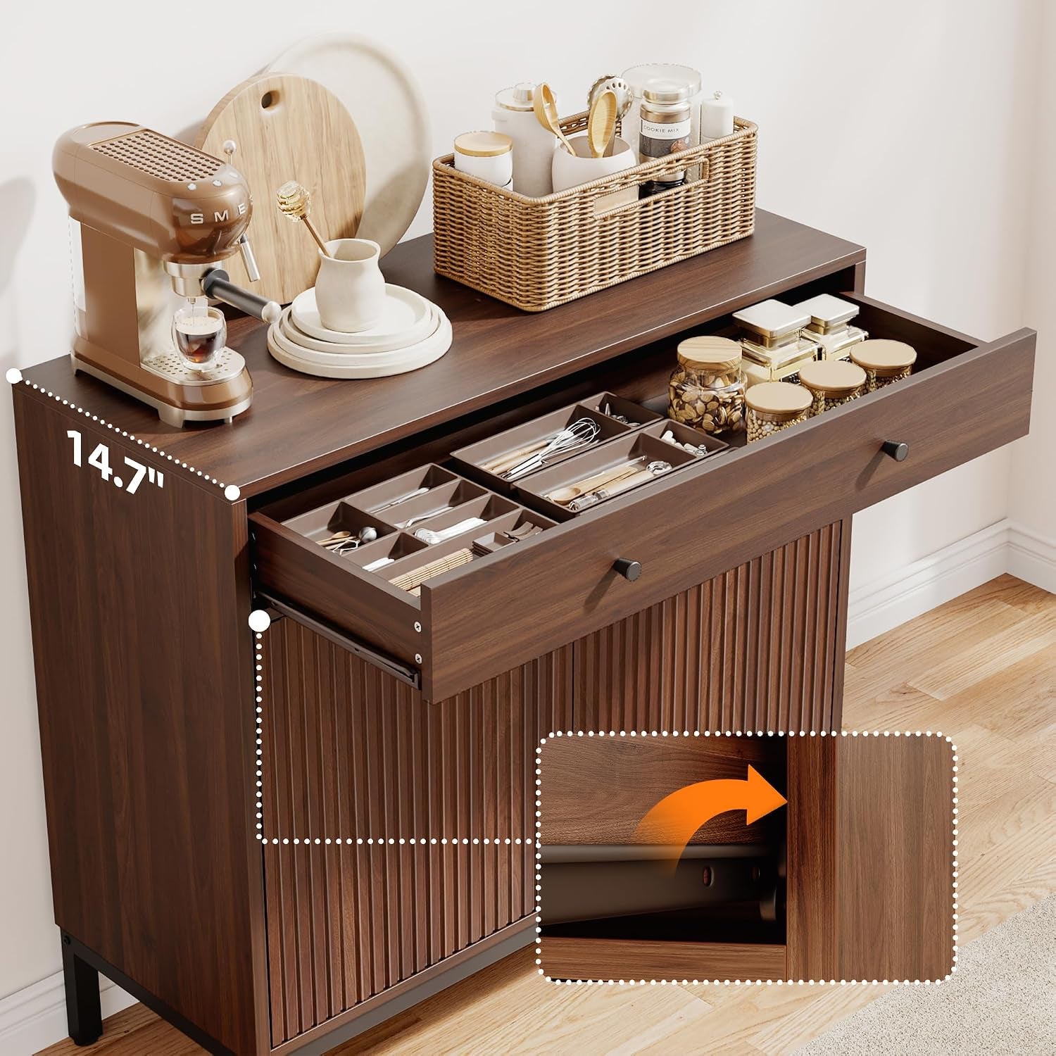 Sideboard Buffet Cabinet Storage, Modern Wood Console Fluted Credenza