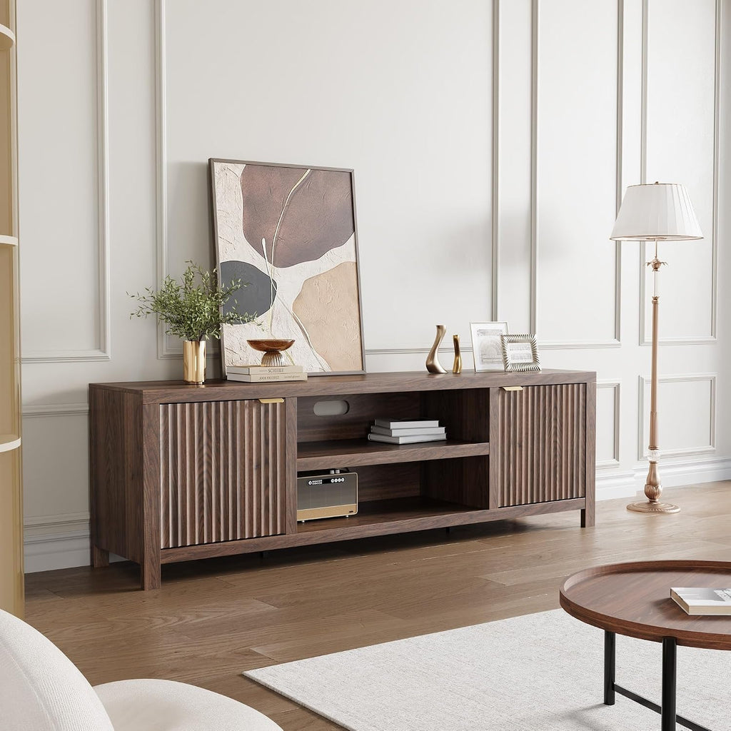 Fluted TV Stand for 75+ Inch, Modern Entertainment Center with 2-Tier Storage & Adjustable Shelves, Media Console Cabinet with 2 Fluted Doors and Gold Handle for Living Room Bedroom, Walnut