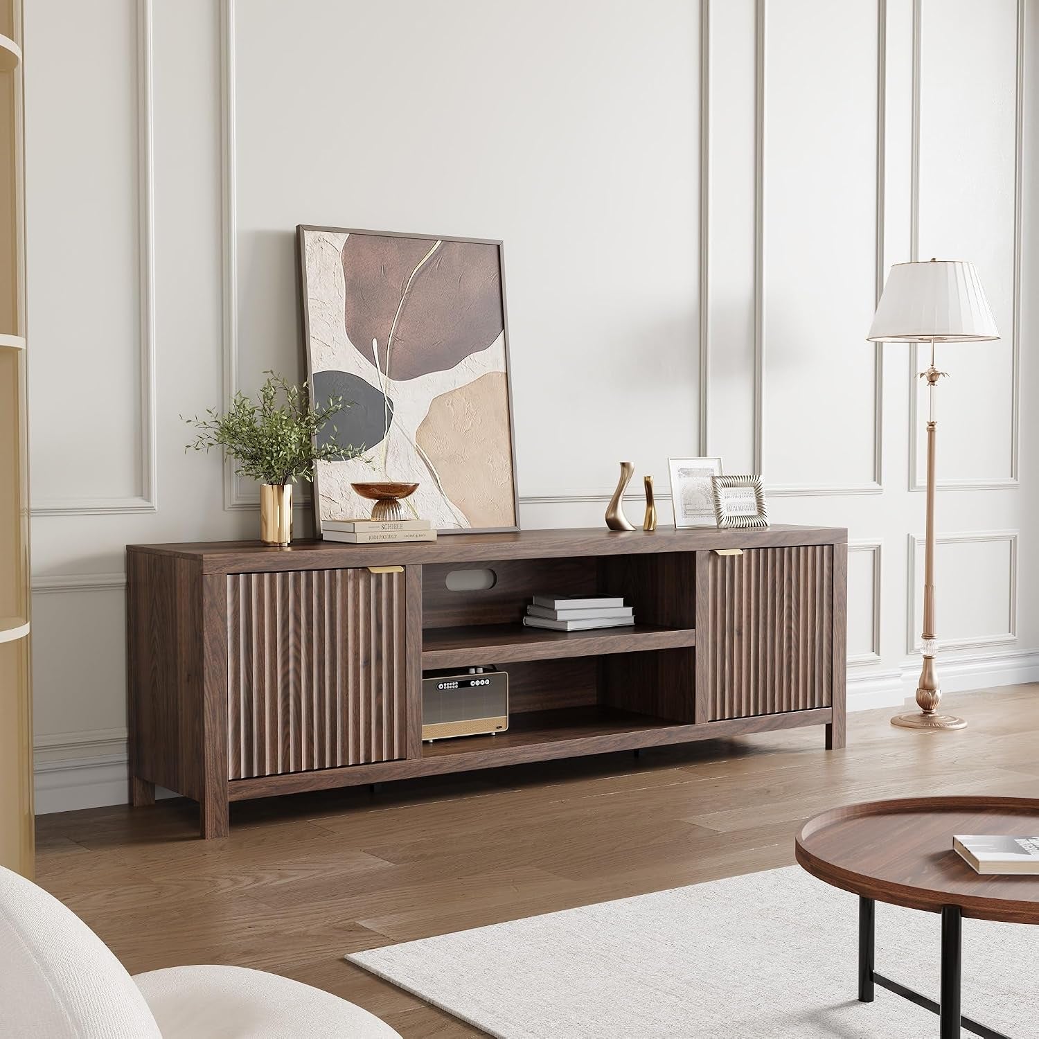 Fluted TV Stand for 75+ Inch, Modern Entertainment Center with 2-Tier Storage & Adjustable Shelves, Media Console Cabinet with 2 Fluted Doors and Gold Handle for Living Room Bedroom, Walnut