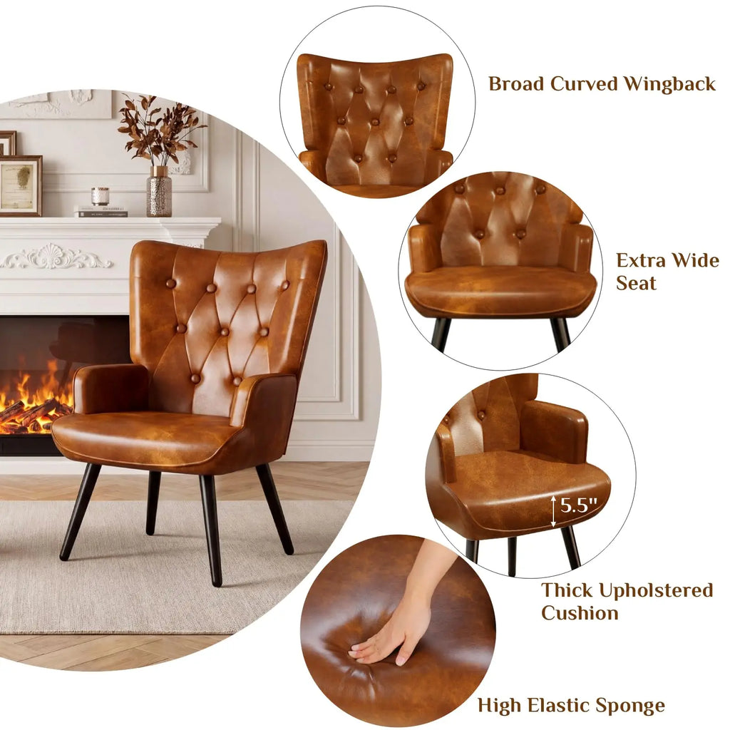 Accent Chair Upholstered PU Leather Living Room Chairs High Back Armchair, Comfy Wingback Chair for Bedroom, Reception Room