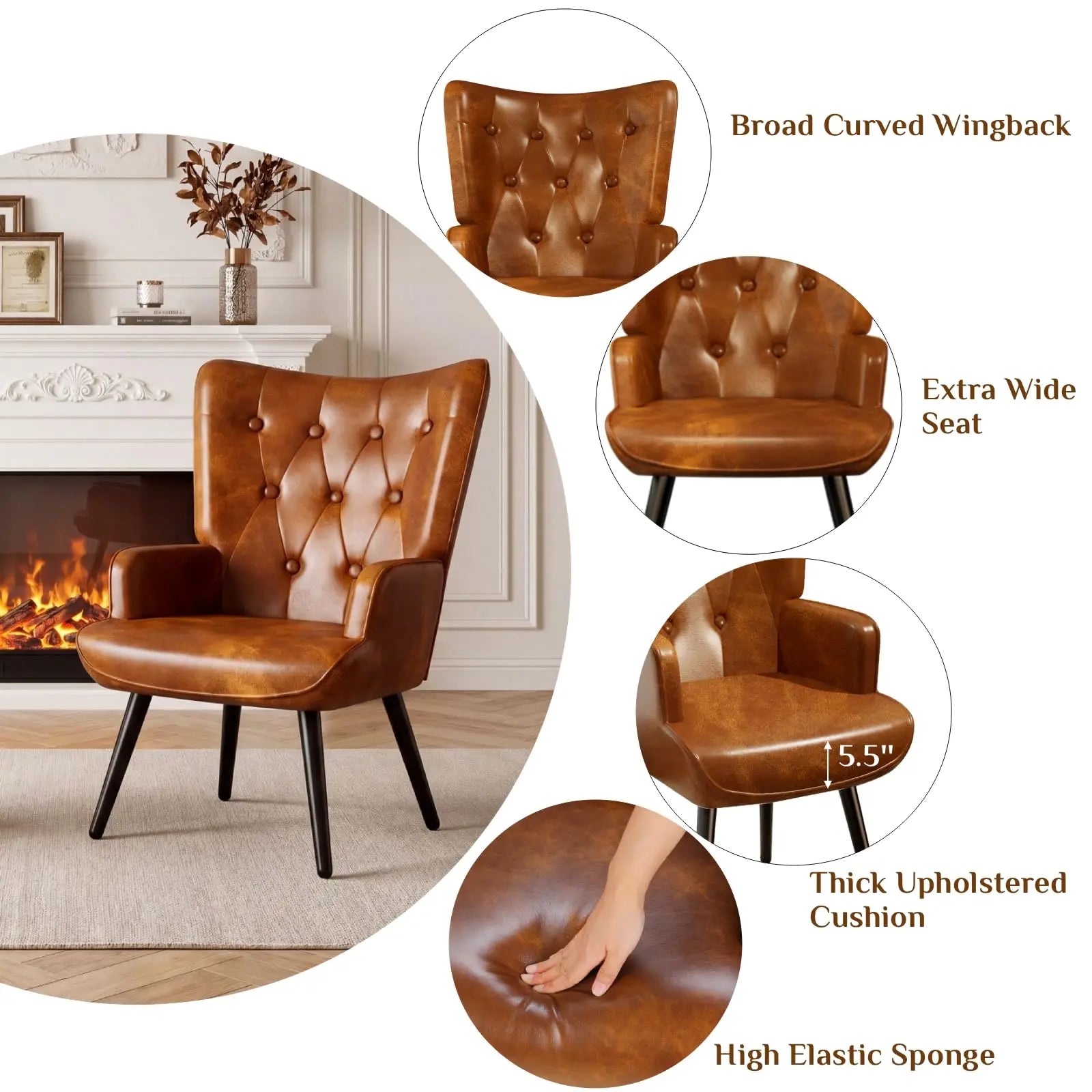 Accent Chair Upholstered PU Leather Living Room Chairs High Back Armchair, Comfy Wingback Chair for Bedroom, Reception Room