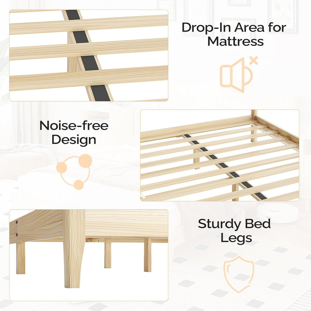 King Bed Frame with Fluted Headboard, Solid Wood Platform Bed with Slat Support,Boho Bedroom Furniture,Natural Wood