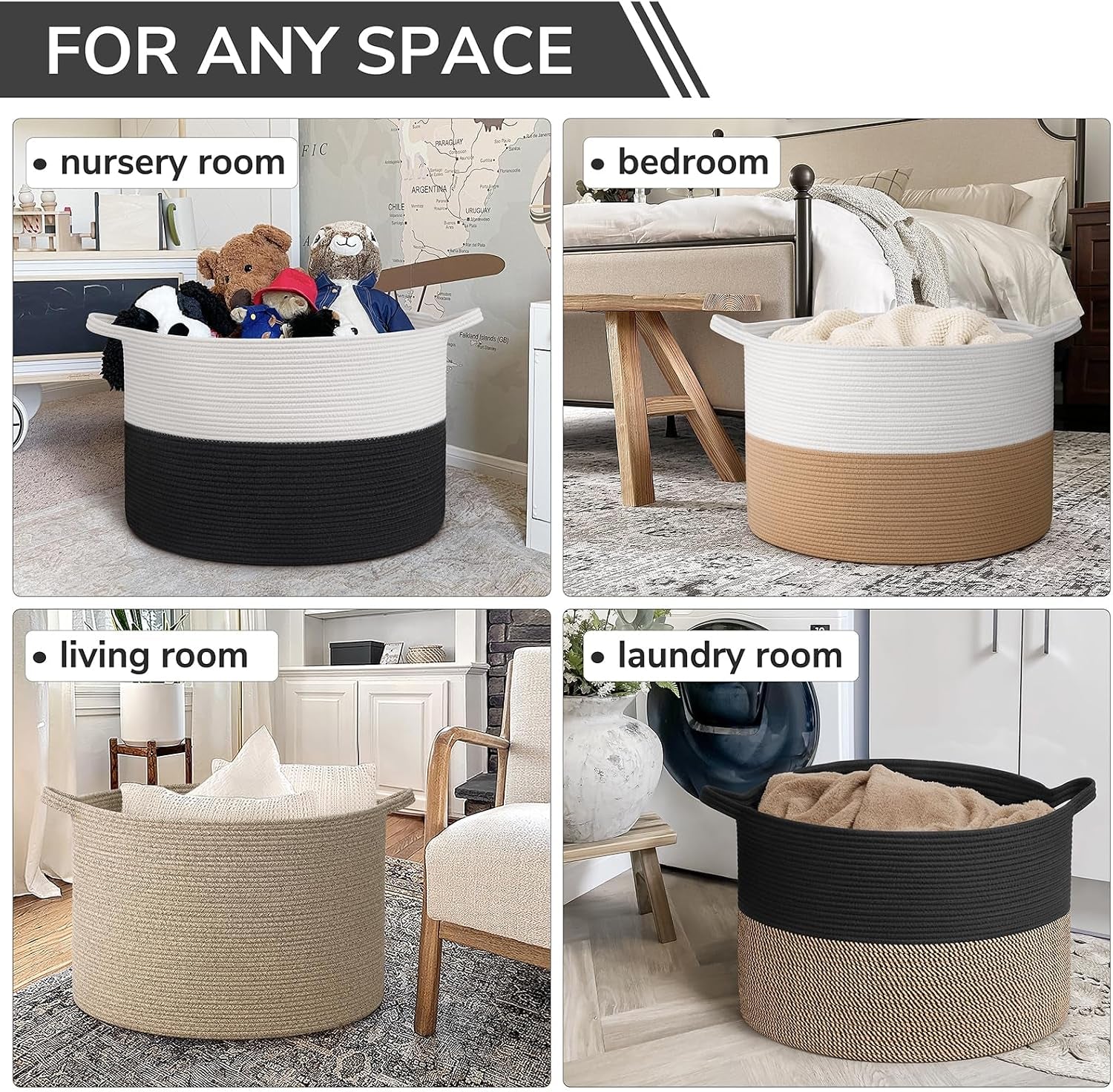 115L Extra Large Woven Rope Blanket Basket Living Room Whiteblack | 23.6" X 15.7" Storage Baskets for Toys Laundry & Pillows. Fits Living Room, Bedroom or Nursery Décor. Soft-Touch with Handles