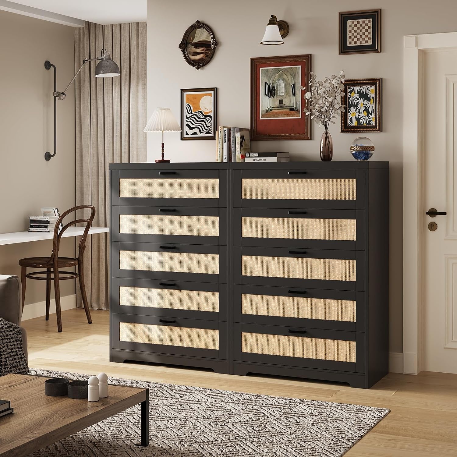 Rattan 5 Drawer Dresser, Wood Tall Chest of Drawers, Black | Rattan Dresser for Bedroom with Power Outlets, 5-Drawer Wood Tall Chest of Drawers