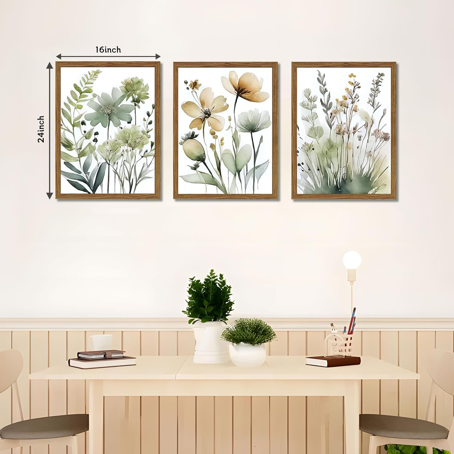 Wood Framed Sage Green Botanical Wall Art Set of 3, Boho Floral Canvas Wall Decor Paintings, Minimalist Flower Posters Prints Pictures for Bedroom Bathroom Living Room Home Decor 16X24 Inch