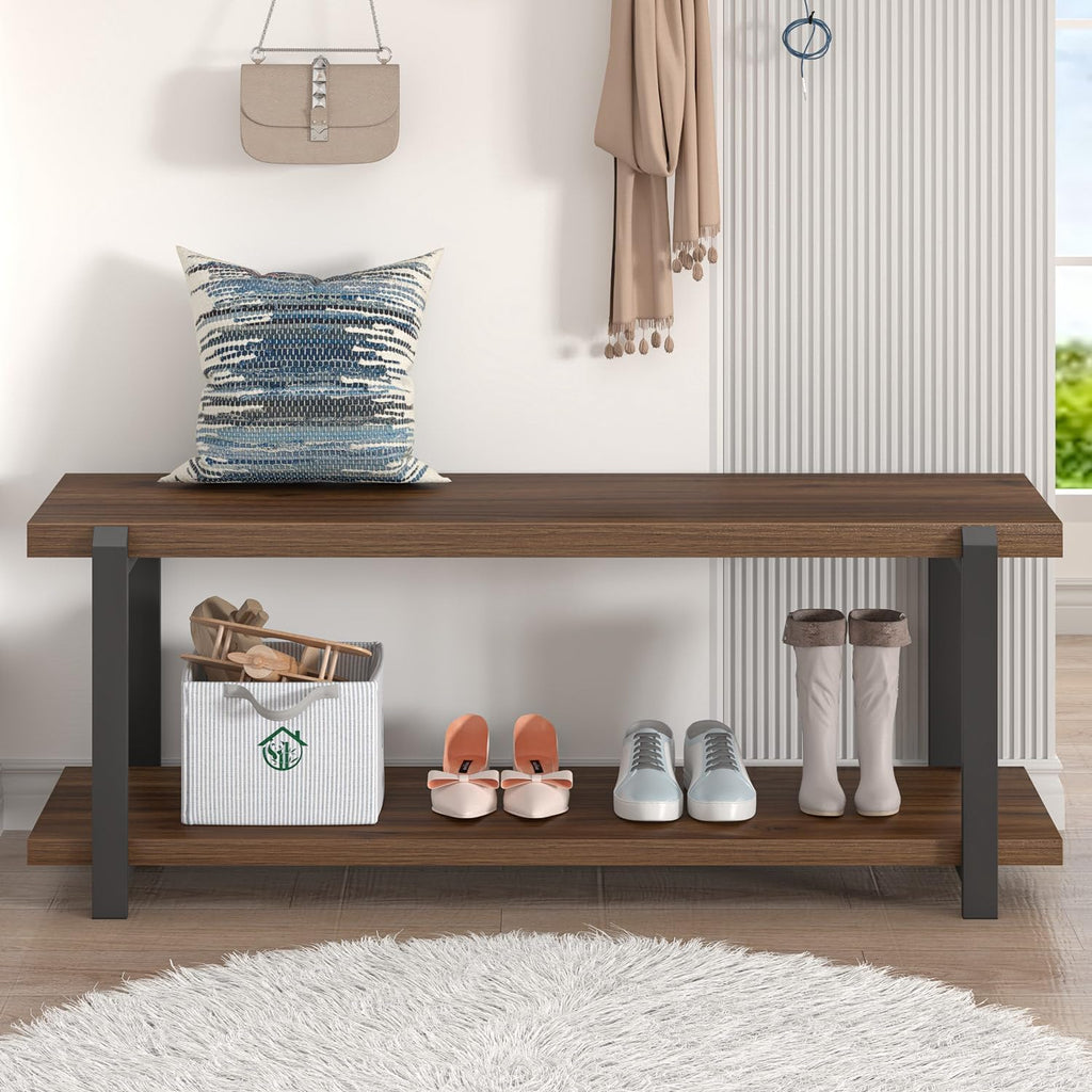 Entryway Bench with Shoe Storage, Modern End of Bed Bench, Wood and Metal Entry Bench for Hallway Front Door Entrance, Industrial Indoor Bench for Bedroom Living Room, Rustic Walnut, 47 Inch