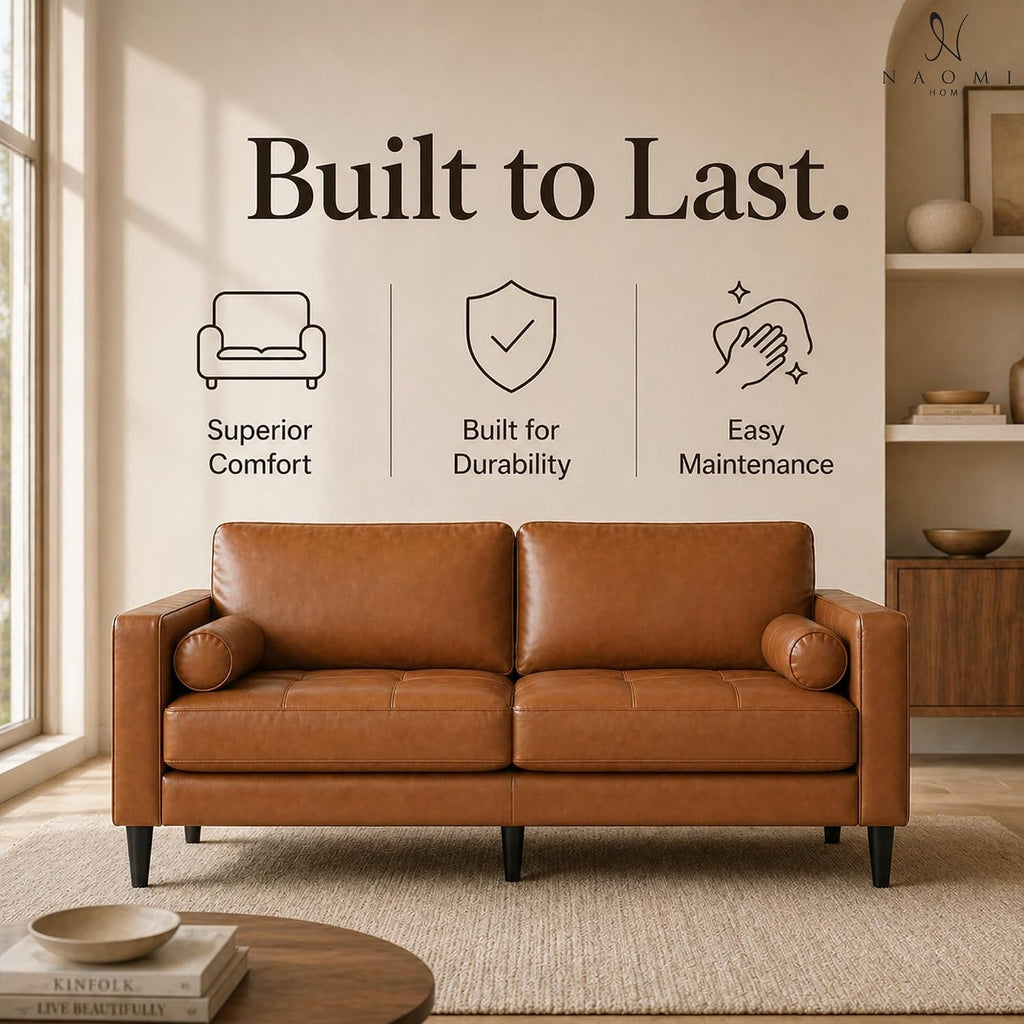 Marisa Genuine Leather Mid-Century Modern Sofa, Tan | Removable Cushions, Matching Bolster Pillows, Plush Foam Comfort, Sturdy Hardwood Frame, Spacious 3-Seater Seating