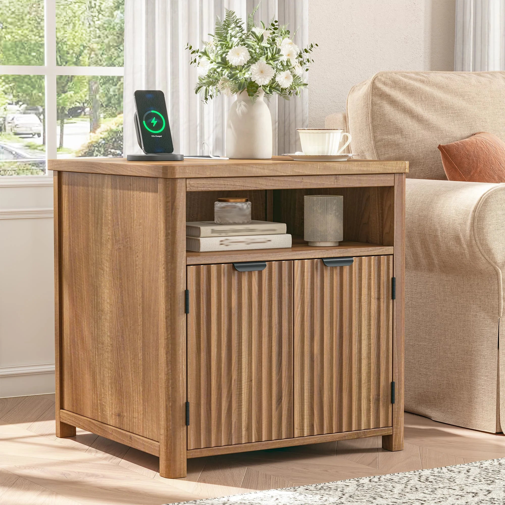 Modern Farmhouse Nightstands, Walnut/Oak Wood Bedside Table with Charging Station & Storage
