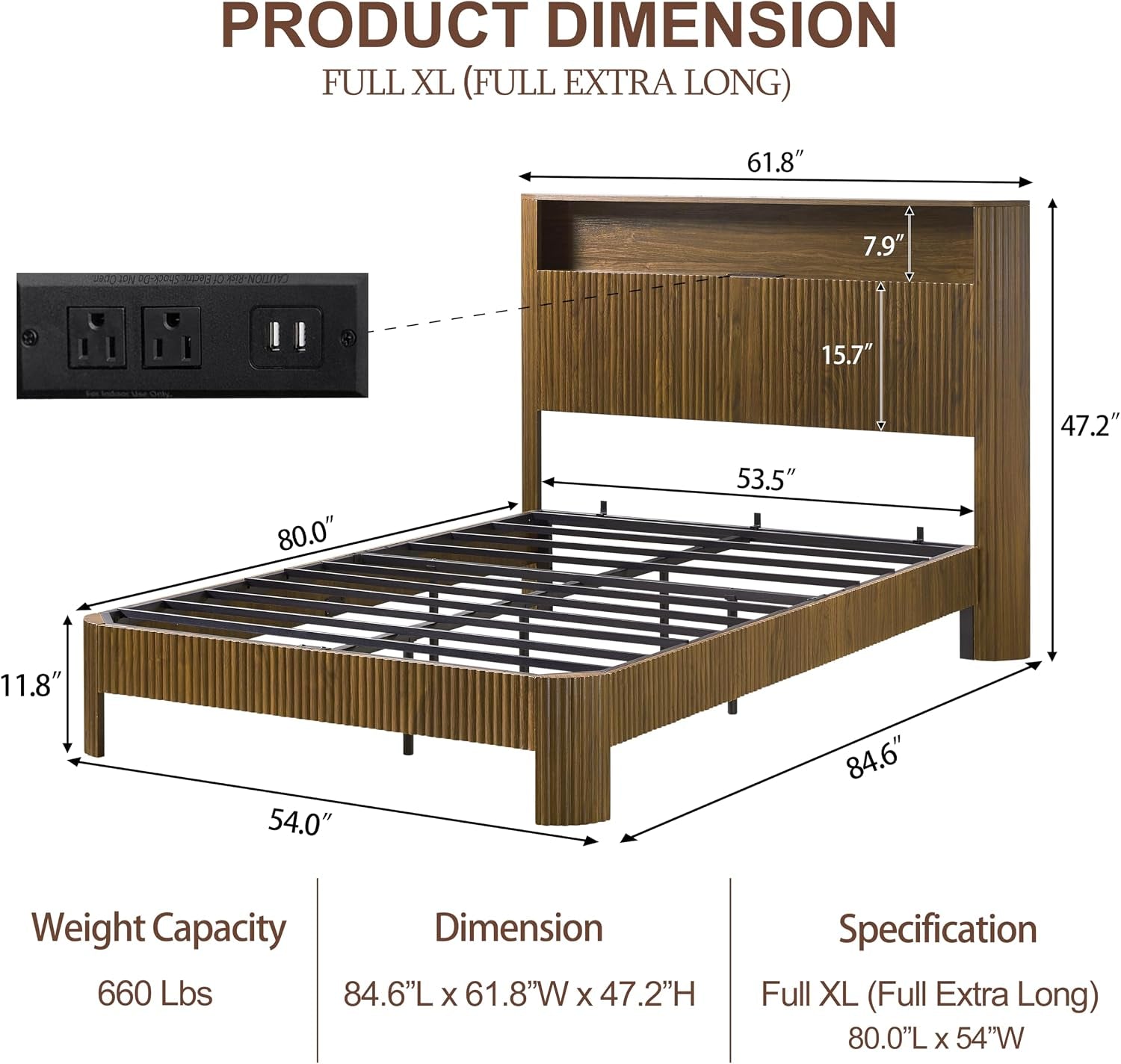 Full XL Bed Frame with Storage Headboard and Charging Station, Wavy Curved Design, Noise-Canceling, Metal Support, Walnut Finish, Full Extra Long Mattress Compatible, Walnut