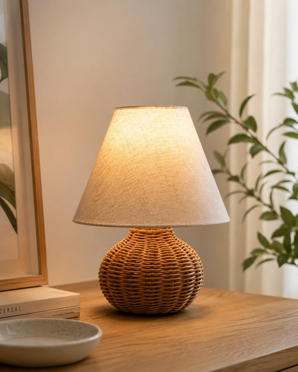 11" Small Mini Wicker Table Lamp, Dimmable Rattan Bamboo Lamp with Off-White Fabric Shade, Boho Accent Light for Nightstand, Nursery, Small Spaces, Kitchen Counter, Bookshelf