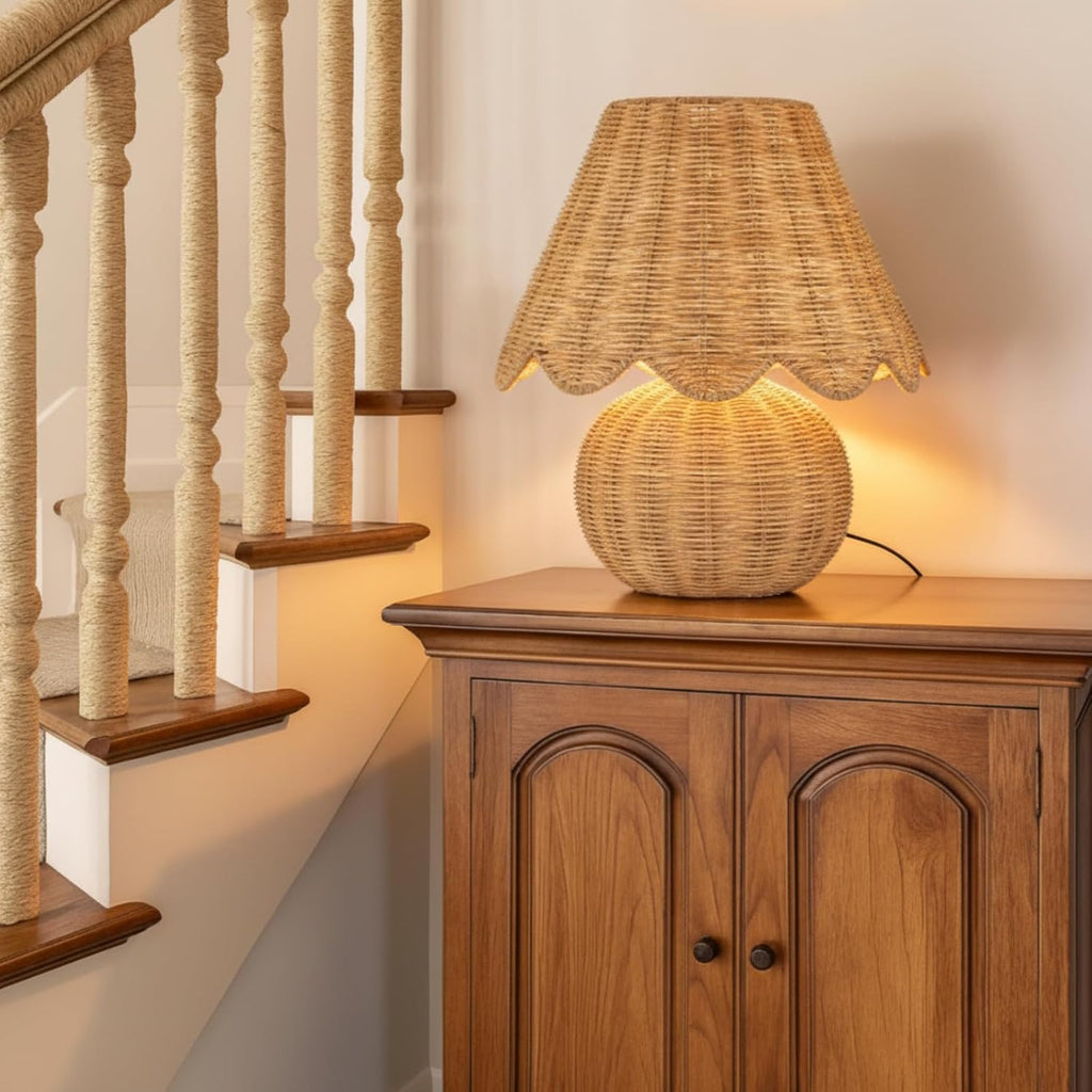 Rattan Table Lamp with Woven Base and Woven Lampshade Decorative Boho Table Lamp Farmhouse Tabletop Decoration for Living Room Bedrooms Nightstand Bedside Tabletop, Bulbs Include