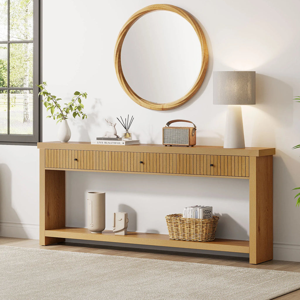 70.9 Inch Console Table with 3 Drawers, Extra Long Entryway Table, Wood Sofa Table Oak Furniture with Open Storage Shelves Wooden Couch Table