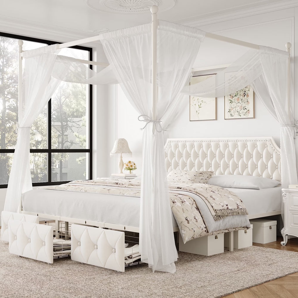 King Bed Frame with 3 Drawer, Canopy Bed Frame with Storage & Upholstered Headboard for Bedroom, Curtain Not Included, Beige
