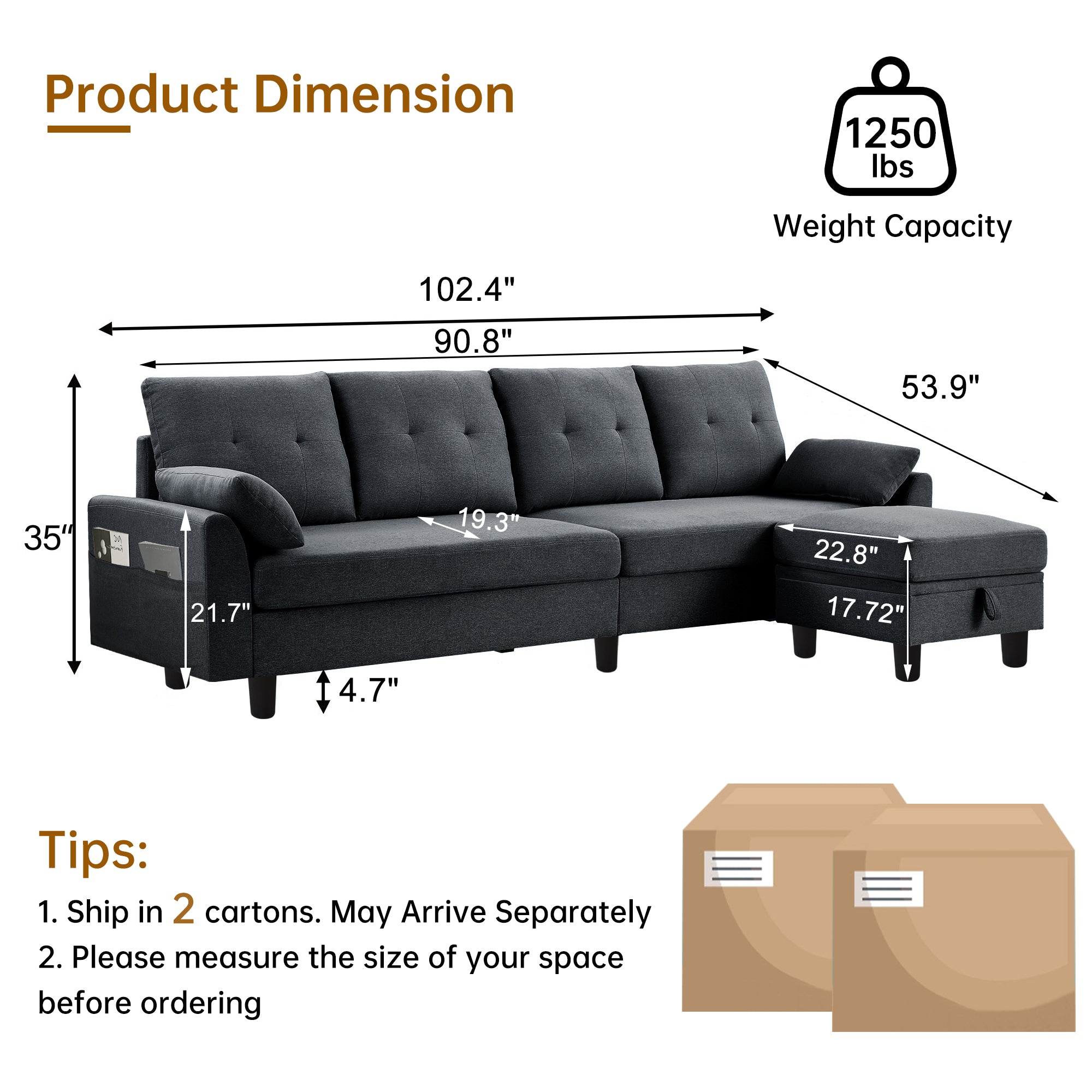 Modern Sectional Sofa with Reversible Chaise, Adjustable Backrest & Armrest, 4-Seat Convertible Couch