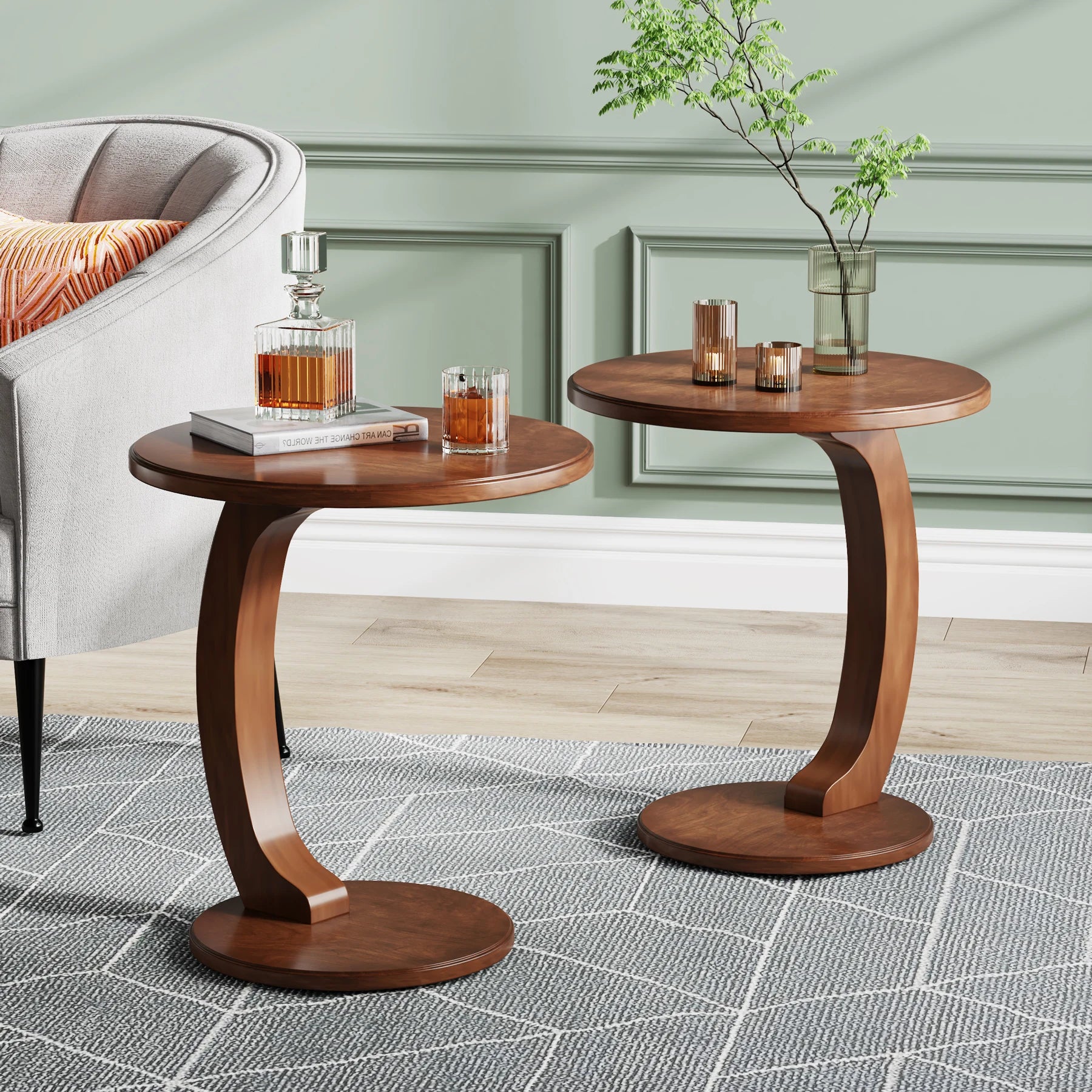 round End Table, Wood C-Shaped Side Table, Small Couch Side Table, Mid-Century End Table, Retro Side Table