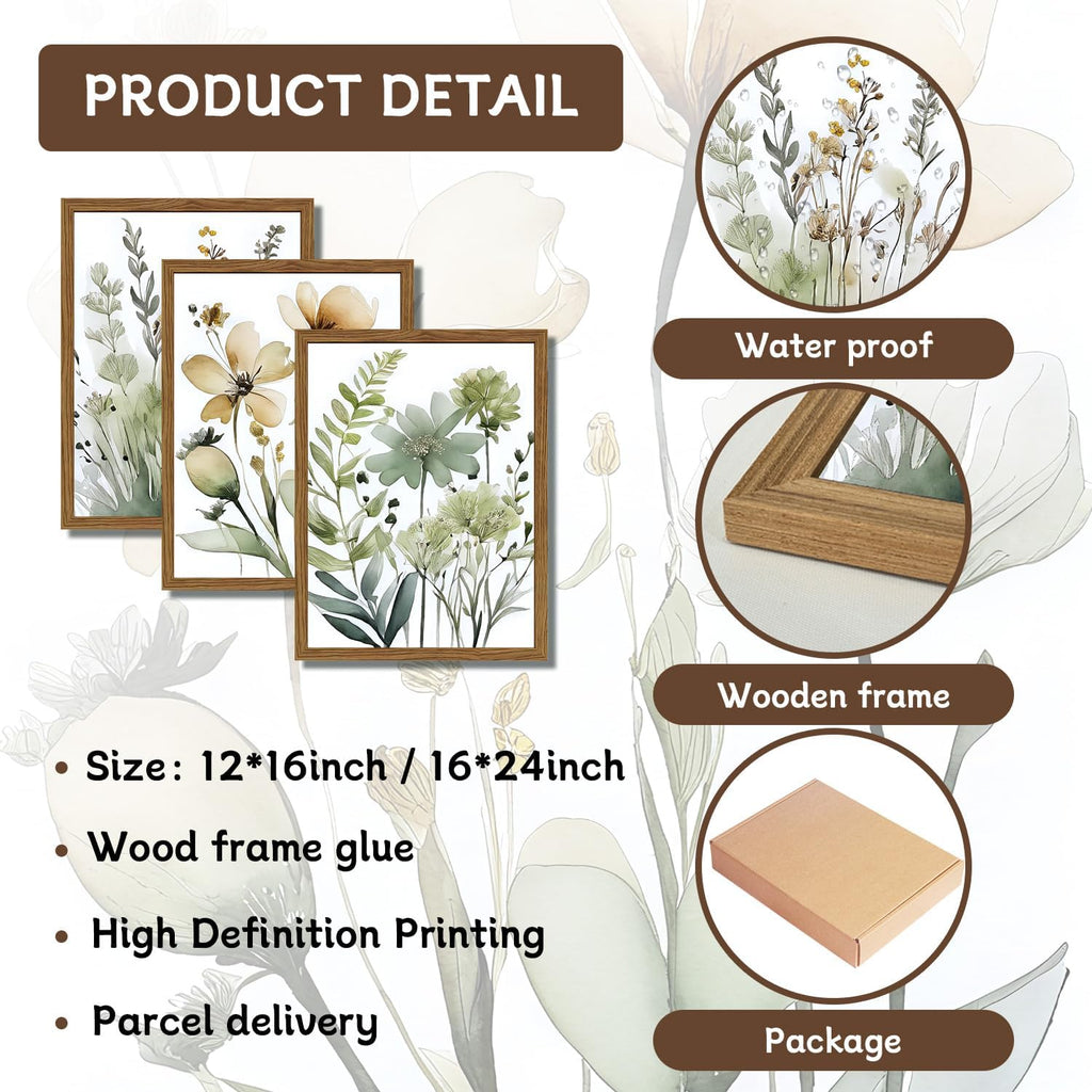 Wood Framed Sage Green Botanical Wall Art Set of 3, Boho Floral Canvas Wall Decor Paintings, Minimalist Flower Posters Prints Pictures for Bedroom Bathroom Living Room Home Decor 16X24 Inch