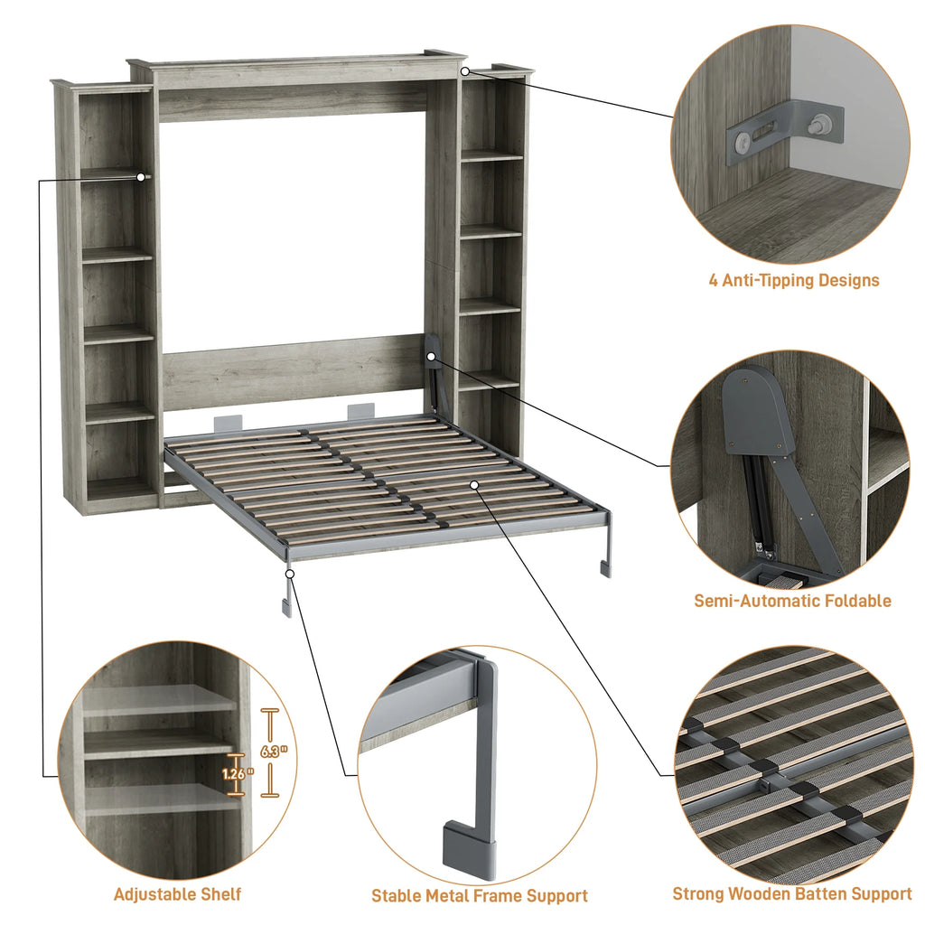 Queen Size Murphy Bed Cabinet in Grey with 5-Tier Storage Shelves, Foldable Platform Bed Wall Cabinet Bedframe for Small Space, Bedroom, Guest Room