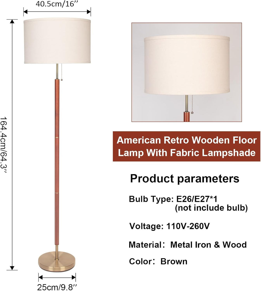 Mid-Century Modern Floor Lamp, Walnut Wood Finish, Drum Shade, Living Room Décor (64In, E26 LED)