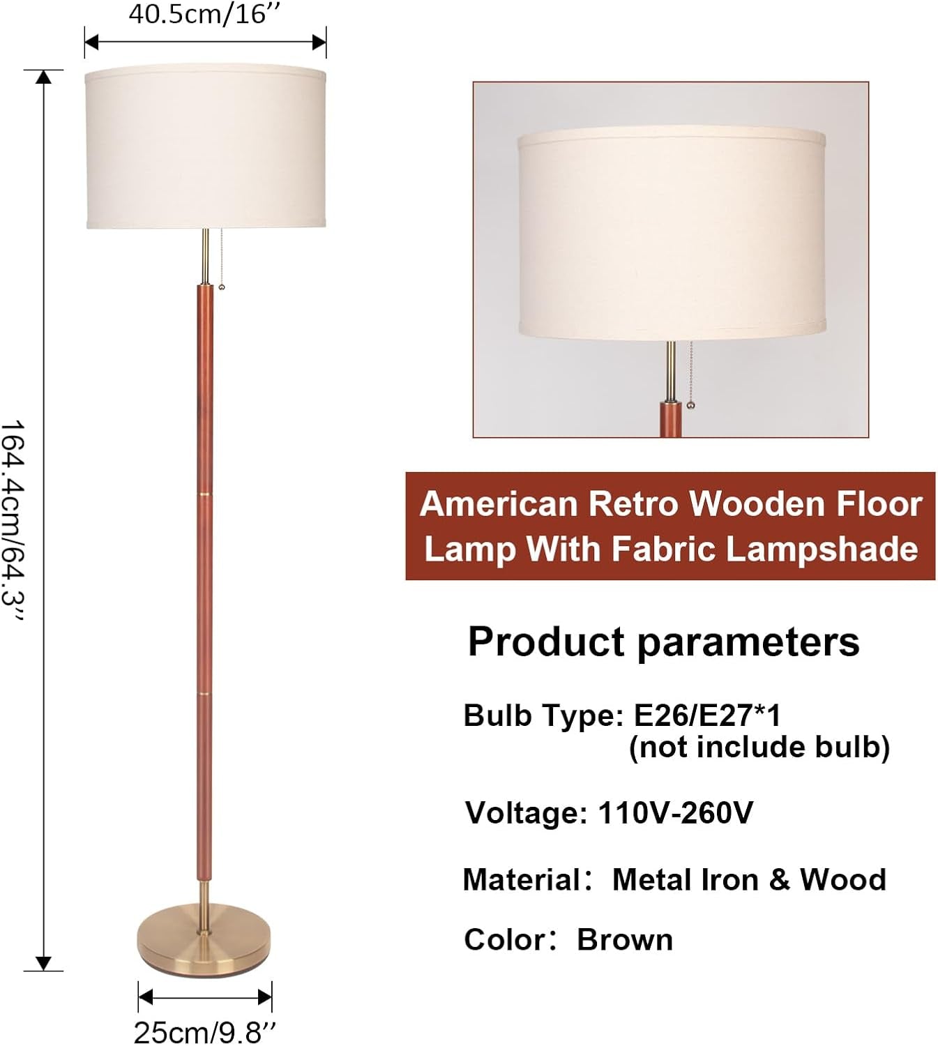 Mid-Century Modern Floor Lamp, Walnut Wood Finish, Drum Shade, Living Room Décor (64In, E26 LED)