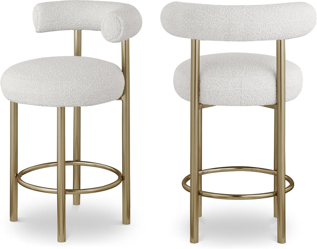 Meridian Furniture 547Cream-C Bordeaux Collection Modern | Contemporary Boucle Fabric Stool, Rich Cream Boucle Fabric, Brushed Brass Finish, Iron Metal Frame, 23" W X 22" D X 35.5" H, Cream, Set of 2