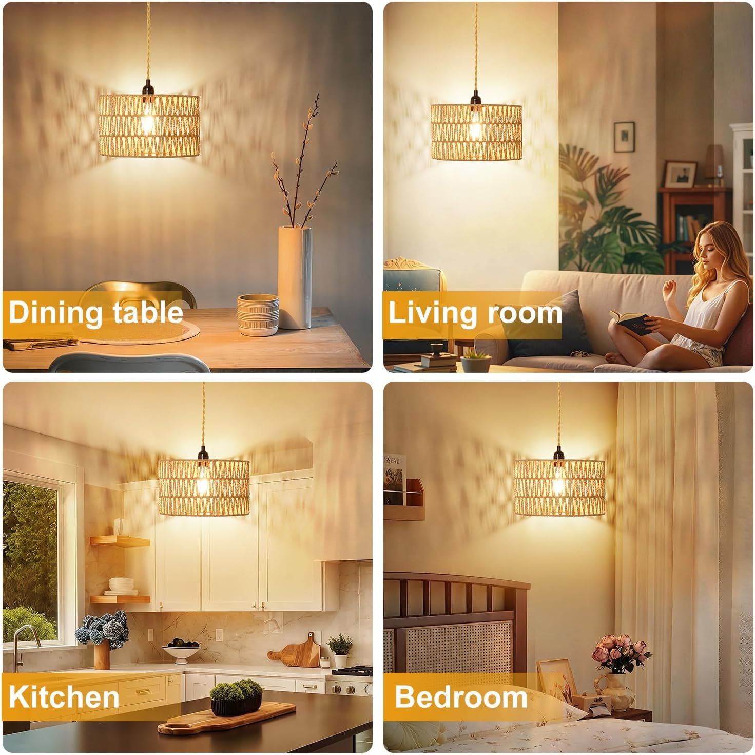Wicker Pendant Light Plug In, Hand-Woven Jute Swag Light with Adjustable Cord, Boho Plug in Pendant Light Rattan Hanging Lamp for Living Room, Dining Room, Corridor Foyer, Gift Use(Nobulb)