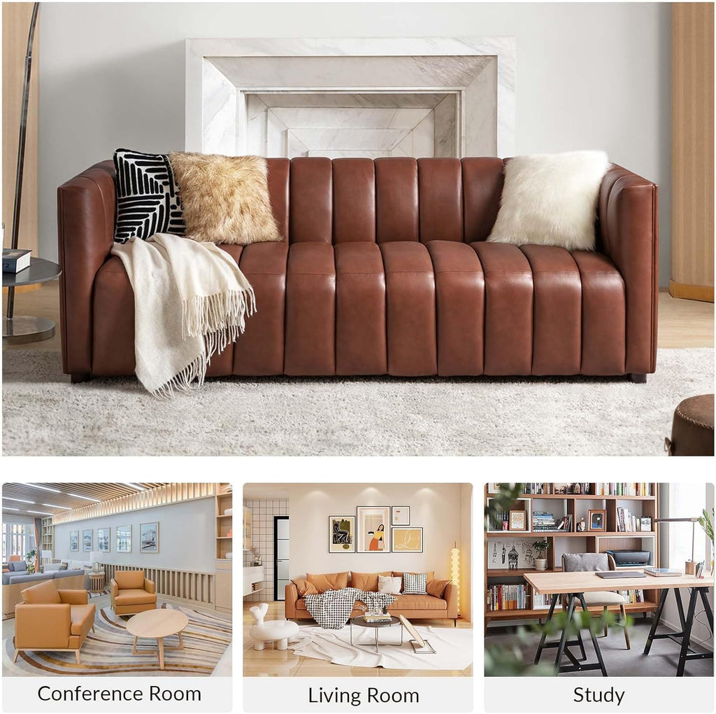 83" Genuine Leather Sofa with Channel Tufted Design, Brown | Modern 3-Seater Couch with Wood Legs, Supportive Seating, Easy Assembly, for Living Room Bedroom Apartment
