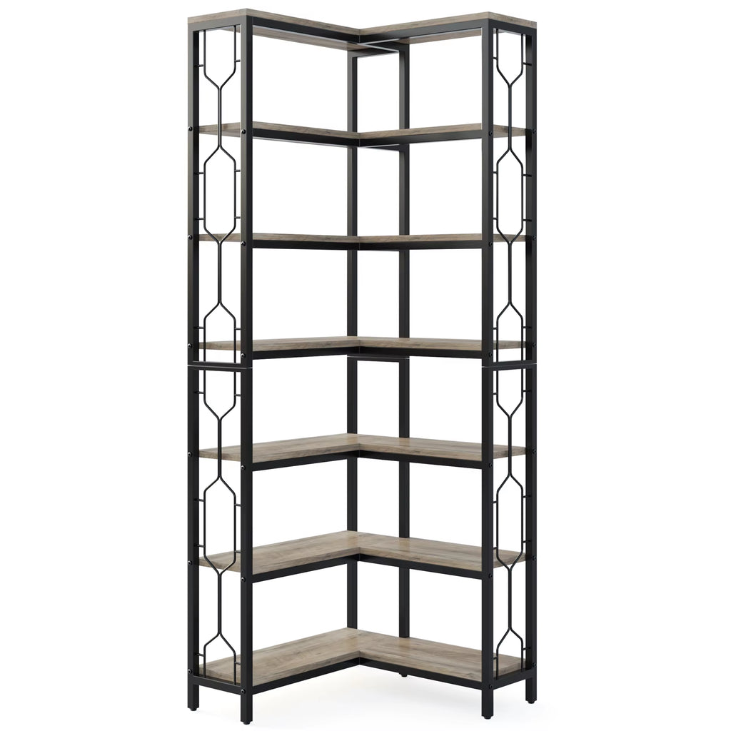 Seven tier corner bookshelf with metal frame
