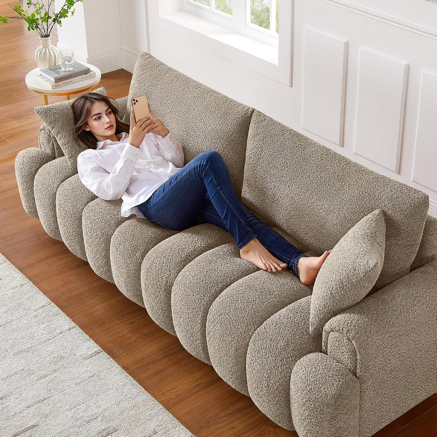 91" Boucle Tufted Sofa, 3 Seater Cloud Couch with Pillows, Camel | Upholstered Cloud Couches, Modern Deep Seat Sherpa Couch for Living Room, Bedroom, Apartment, Comfy Sofa with Back Pillows