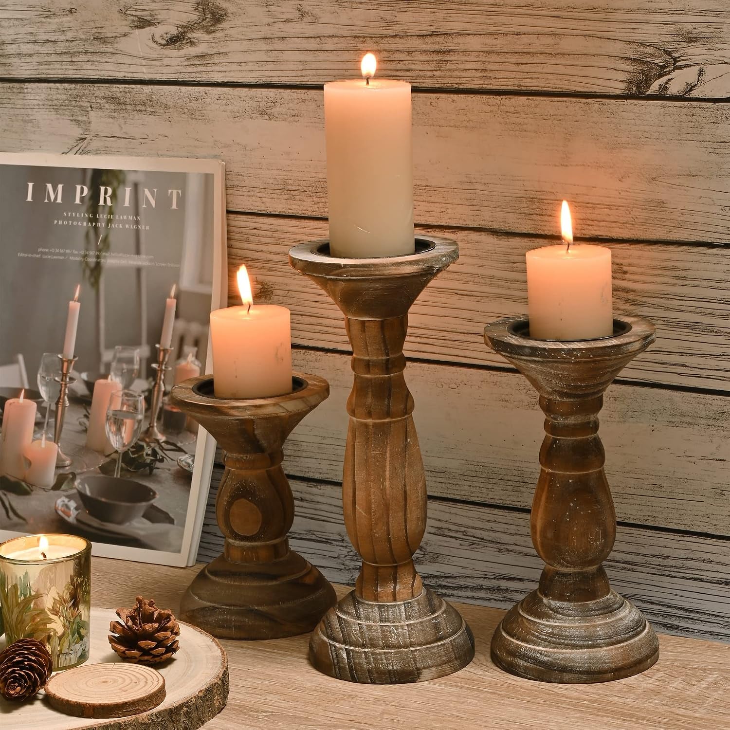 Pillar Candle Holder Set of 3, Brown Farmhouse Decor Living Room | Tall Candle Holders for Pillar Candles, Wood Candle Holders for Table Centerpieces Home Decor Kitchen Dining Room Table Decor