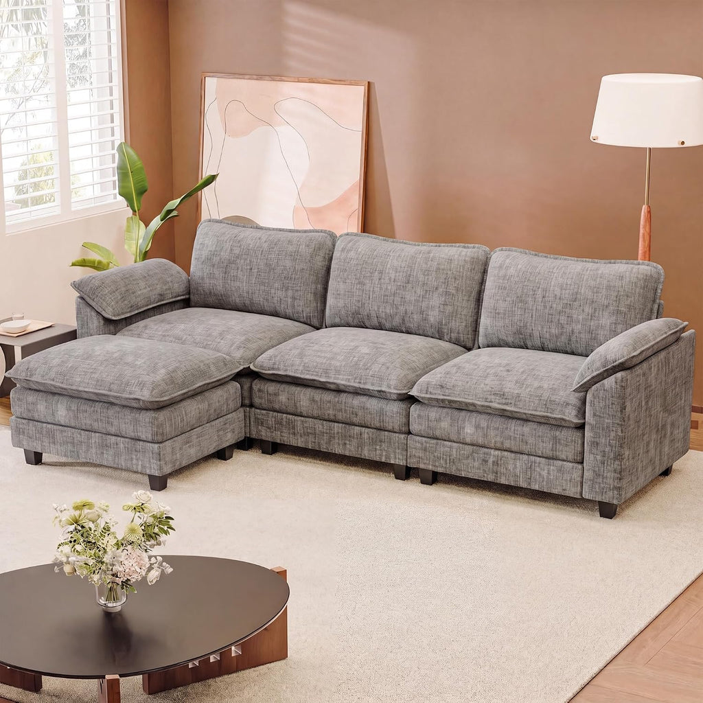 118.9" L Shaped Sectional Couch, Modular Cloud Sofa, Light Grey | Comfy Chenille, Movable Ottoman, Deep Seat, Double Layer Cushion, 3 Seat, High-Density Foam, for Living Room