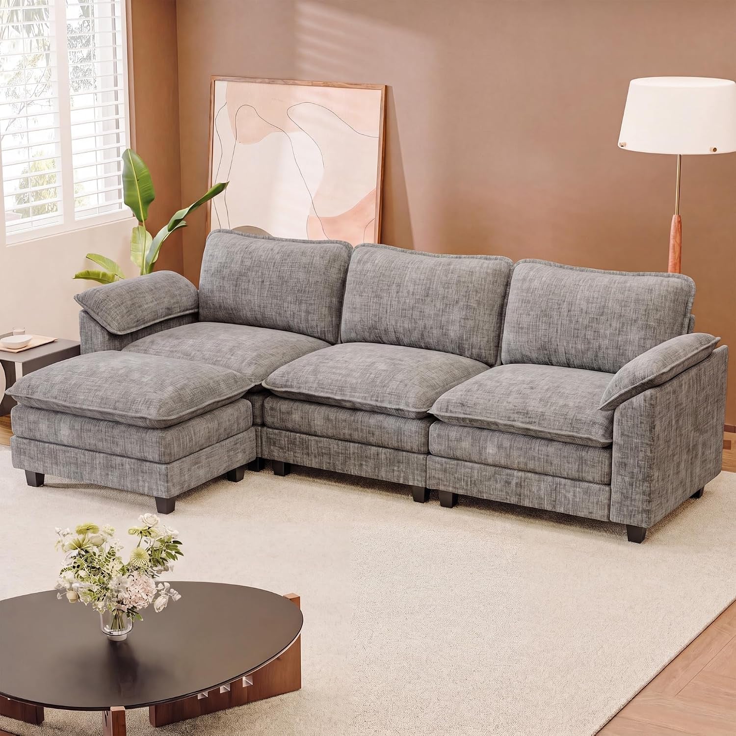 118.9" L Shaped Sectional Couch, Modular Cloud Sofa, Light Grey | Comfy Chenille, Movable Ottoman, Deep Seat, Double Layer Cushion, 3 Seat, High-Density Foam, for Living Room