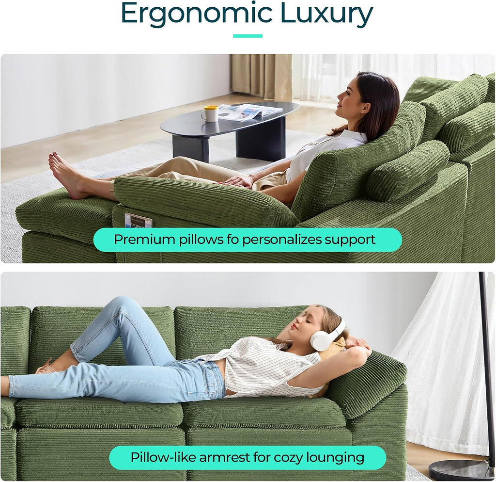 109" Modular Couch Modern Boneless Cloud Couch, U Shaped Sofa with Movable Ottomans, Deep Seat Corduroy Sectional Couches for Living Room, Apartment, No Assembly Required, Green