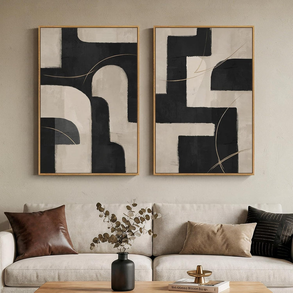 Large Framed Neutral Black and Beige Abstract Wall Art Set of 2, 24X36 in | 2 Piece, Canvas Prints, Black Beige Paintings, Modern Minimalist Artwork, Geometric Pictures, Living Room Bedroom Wall Decor