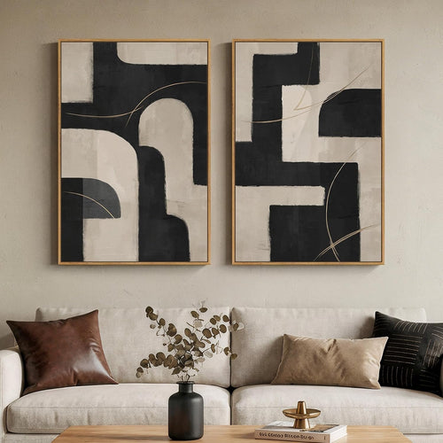 Large Framed Neutral Black and Beige Abstract Wall Art Set of 2, 24X36 in | 2 Piece, Canvas Prints, Black Beige Paintings, Modern Minimalist Artwork, Geometric Pictures, Living Room Bedroom Wall Decor