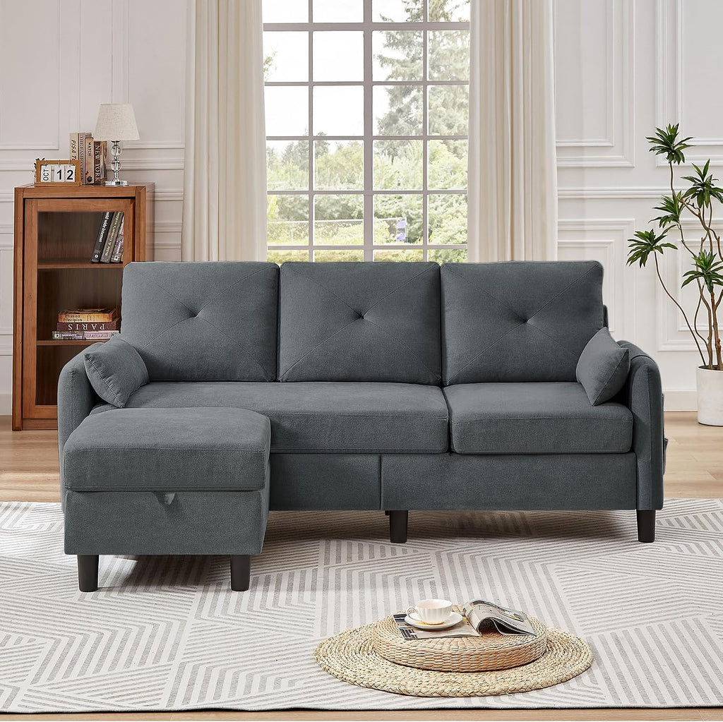 Convertible Sectional Sofa, Small L Shaped 3 Seat Couch with Reversible Storage Chaise, Modern Polyester Fabric Sofa Couches for Living Room, Apartment and Small Space, Dark Grey
