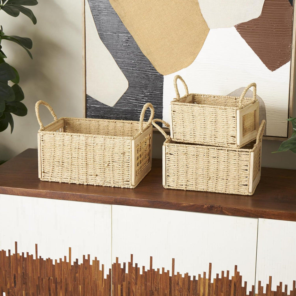 Deco 79 Rattan Decorative and Functional Storage Basket Woven Basket Organizer with Handles, Set of 3 Basket for Storage 14", 12", 11" W, Brown