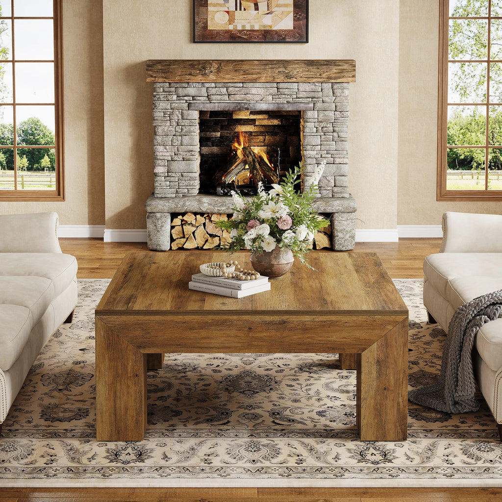 39.4-Inch Square Coffee Table for Living Room, Farmhouse All MDF Accent Center Cocktail Table with Sturdy Wooden Legs