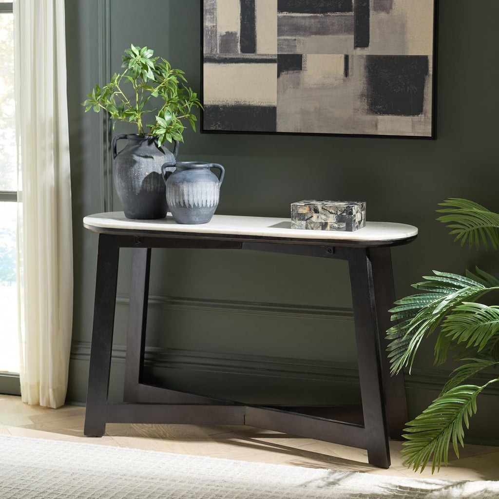 SAFAVIEH Home Collection - Shina White & Black Oval Console Table, Marble Top with Wood Base, Modern Entryway Accent (CNS3708B)