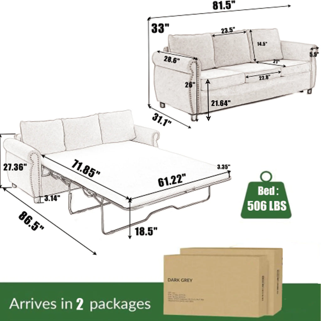 Queen Size Pull Out Sofa Bed, 2-In-1 Convertible Sleeper Couches with Memory Foam Mattress, 3 Seat Sleeper Couch Beds for Living Room, Beige