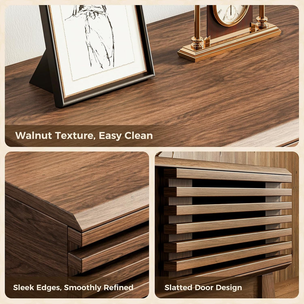 59" TV Stand, Media Console for Tvs up to 65", Walnut | Mid-Century Modern Design, Fluted Sliding Doors, Storage Cabinets, Cable Management, Media Console for Living Room, Bedroom