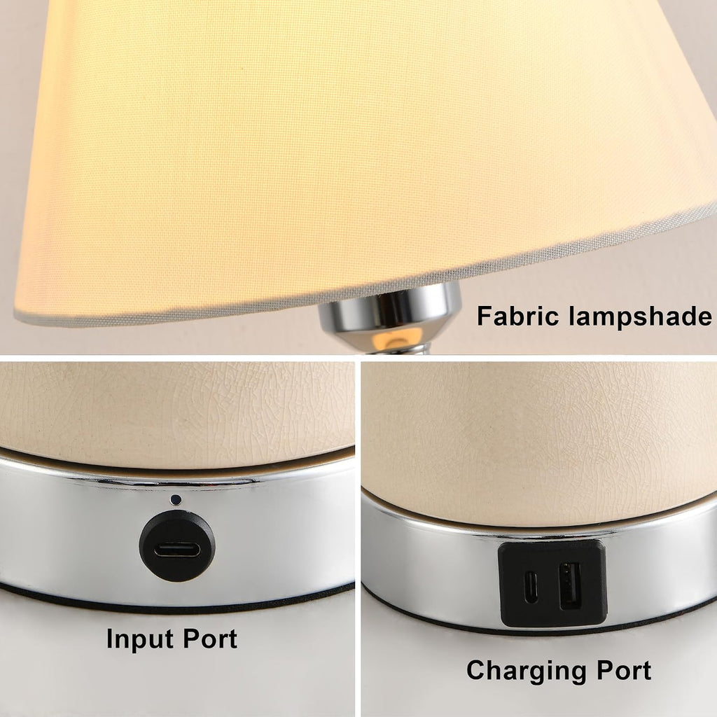 Farmhouse White Ceramic Table Lamp for Bedroom, Touch Dimmable Nightstand Lamps with Fabric Shade, 6W E26 Ceramic Lamp with USB a + C Port for Living Room Bedside Buffet