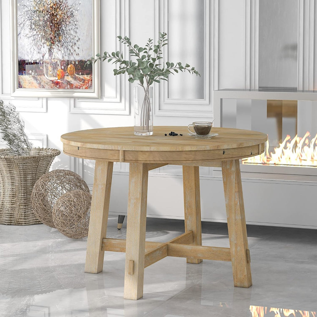 42"-58" round Extendable Dining Table, Solid Wood Dining Table with 16" Leaf, Farmhouse round Kitchen Table with Solid Wood Frame for 4-6, Natural Wood Wash